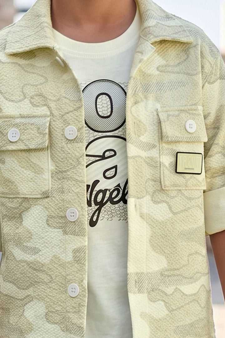 Cream Blazer, Printed T-Shirt and Black Pant Set for Boys