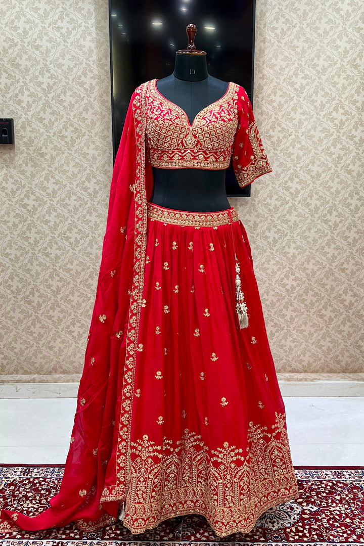 Red Sequins, Zari, Pearl and Beads work Crop Top Lehenga