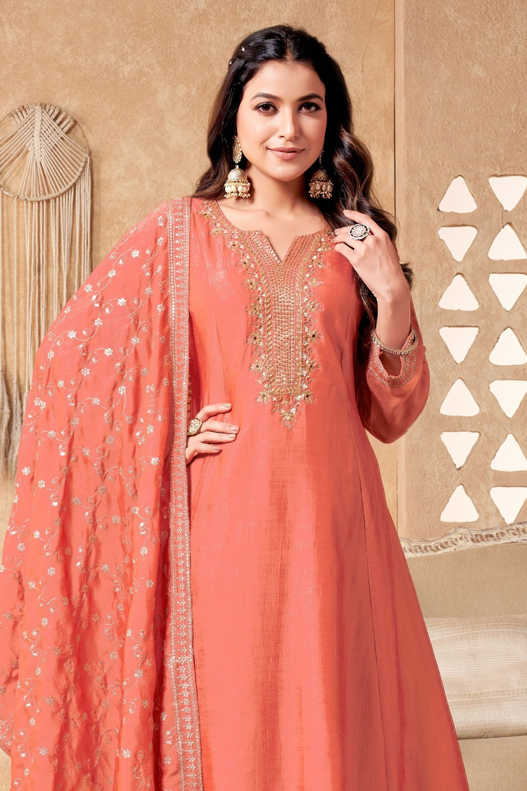 Peach Sequins, Beads, Mirror and Zari work A-line Cut Anarkali Styled Salwar Suit