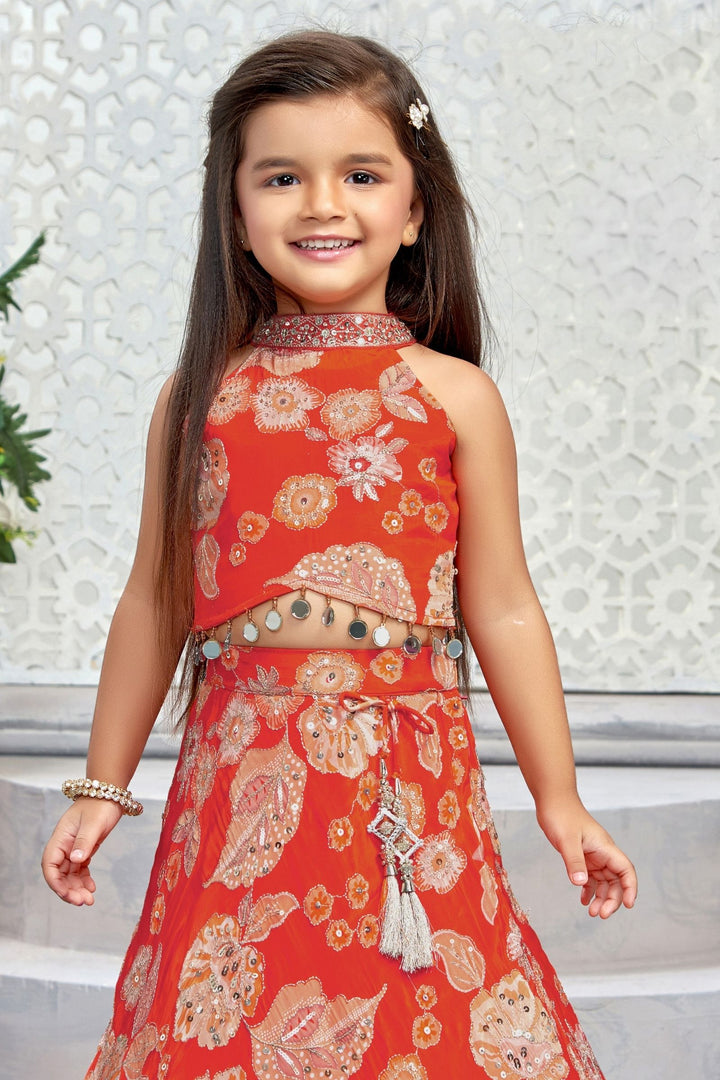 Orange Sequins, Zari and Beads work with Floral Print Lehenga Choli for Girls