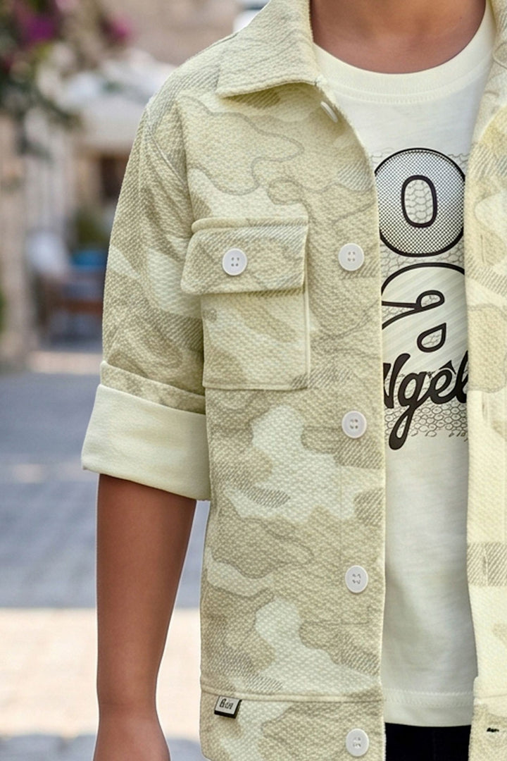 Cream Blazer, Printed T-Shirt and Black Pant Set for Boys