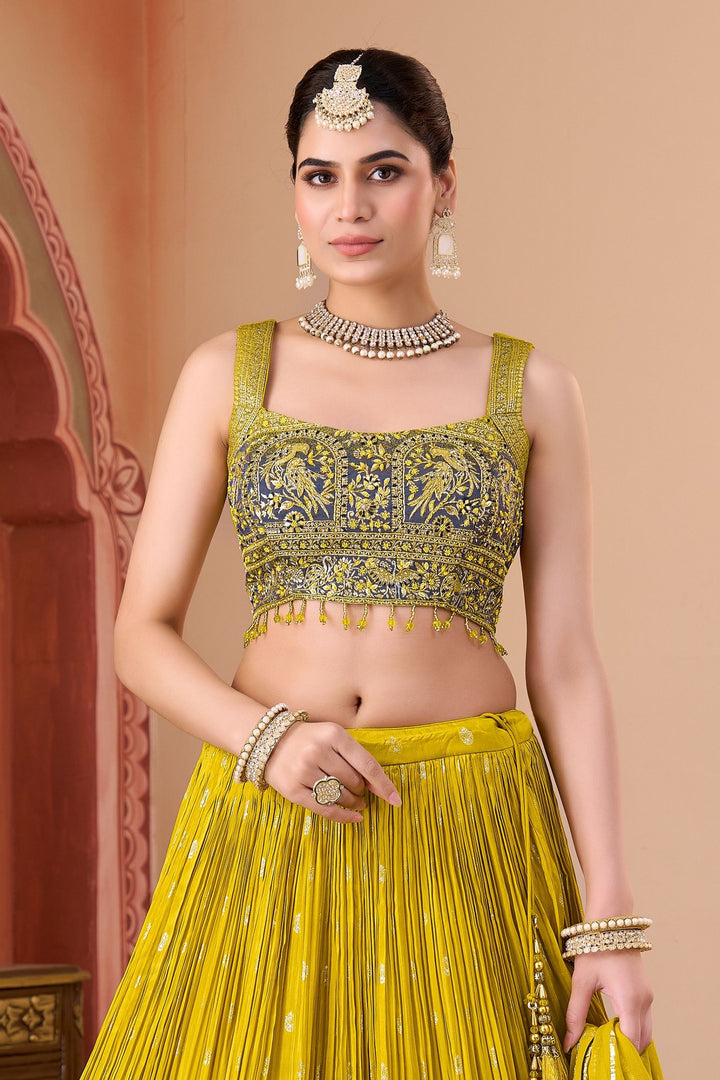 Lemon Yellow with Grey Mirror, Beads, Sequins and Banaras work Lehenga