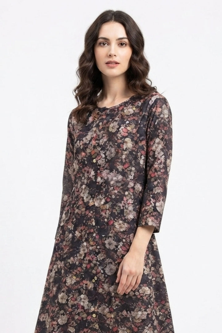 Black Floral Print A-Line Cut Calf Length Kurti