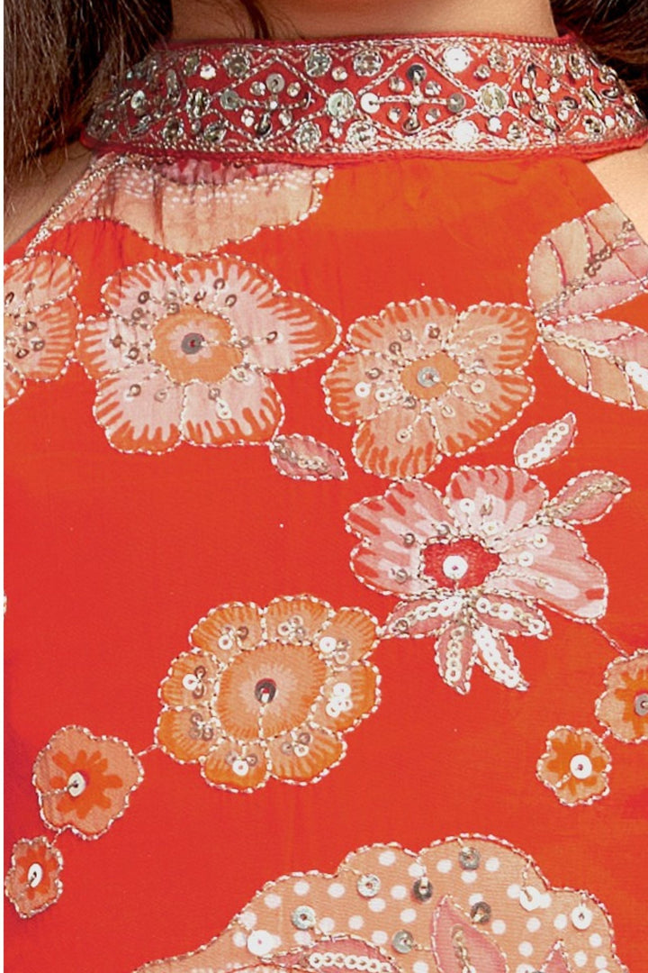 Orange Sequins, Zari and Beads work with Floral Print Lehenga Choli for Girls