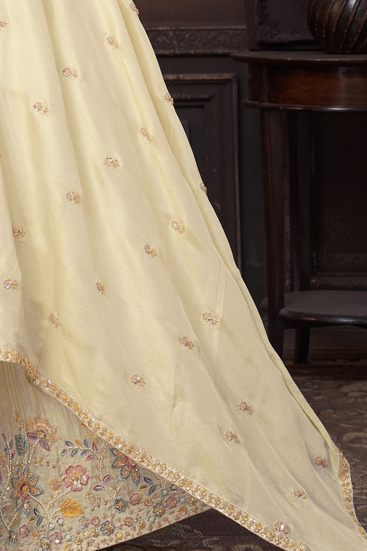 Cream Beads, Sequins and Multicolor Thread work Crop Top Lehenga