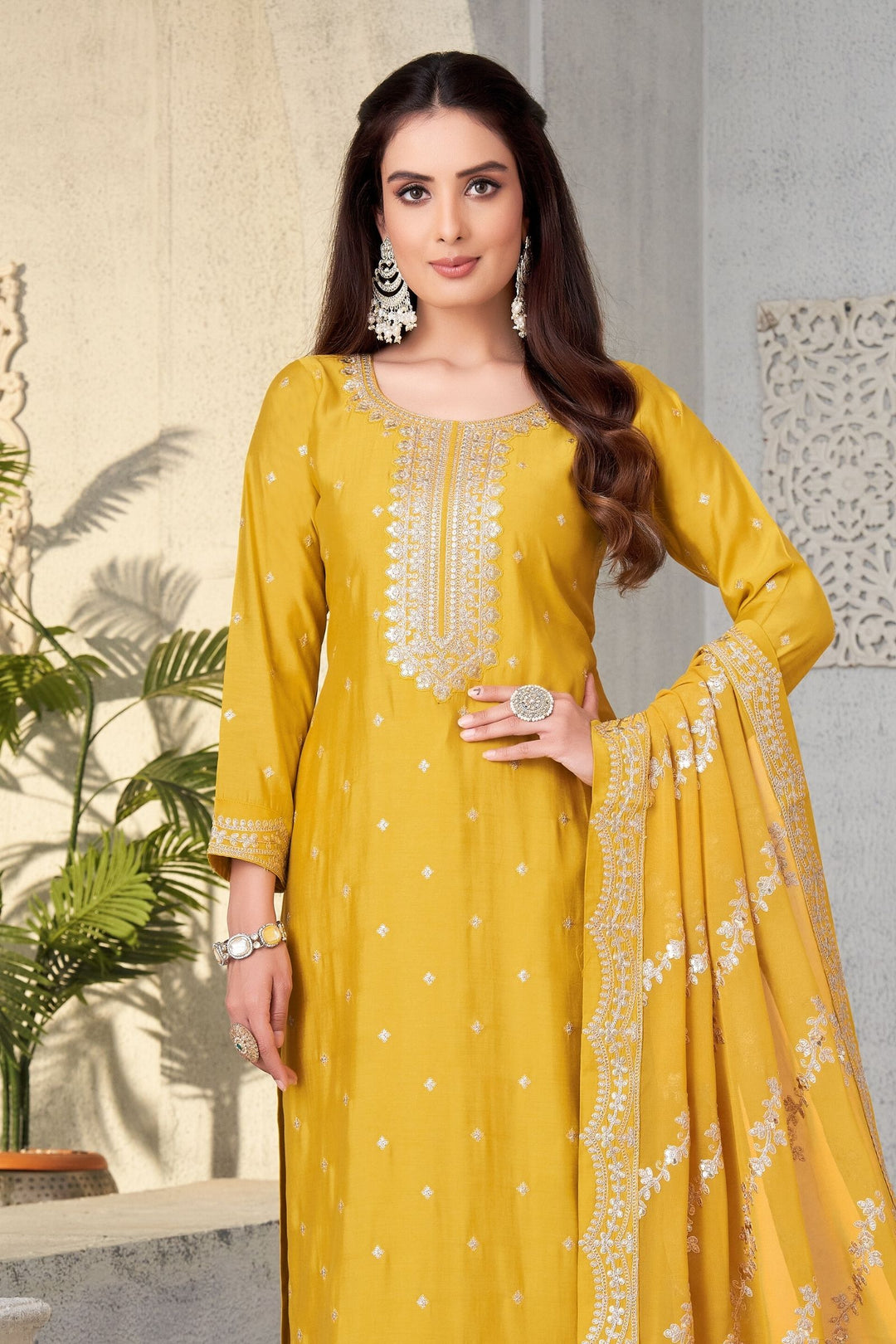 Yellow Sequins and Zari work Straight Cut Salwar Suit