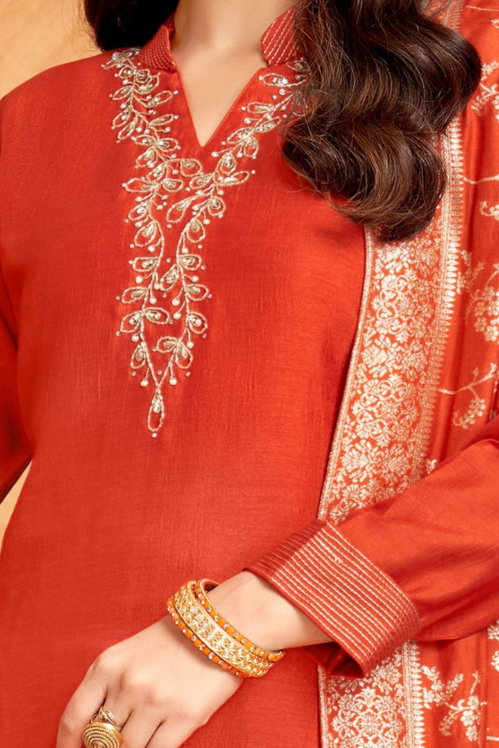 Orange Zardozi, Beads and Stone work Straight Cut Salwar Suit