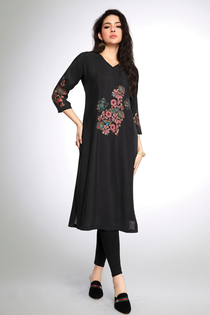 Black Embroidery and Mirror work Calf Length Kurti
