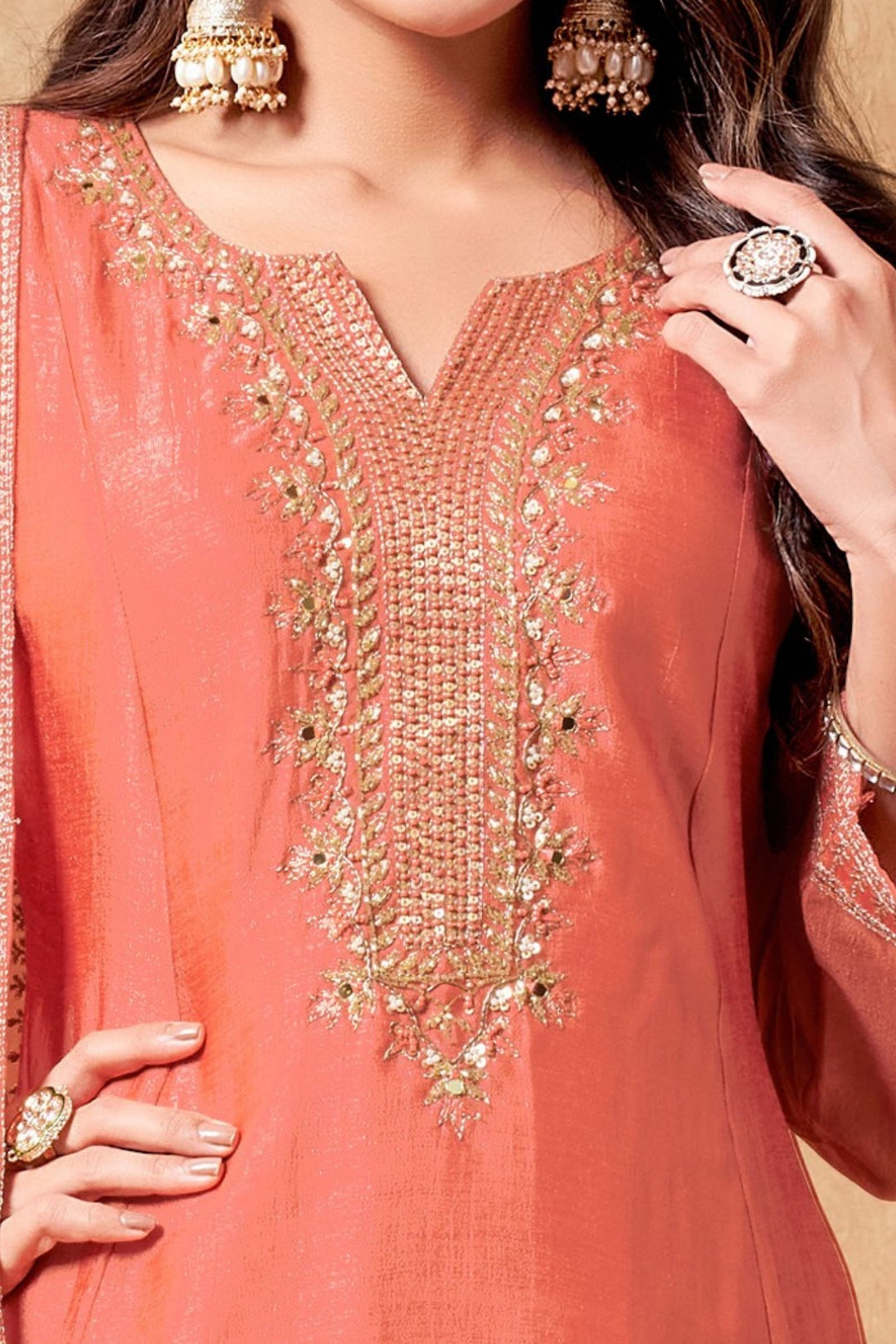 Peach Sequins, Beads, Mirror and Zari work A-line Cut Anarkali Styled Salwar Suit