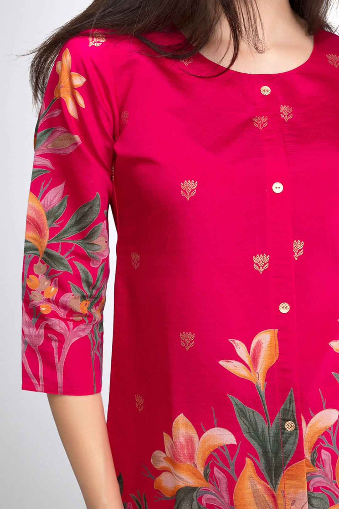 Rani Pink Floral Print Short Kurti