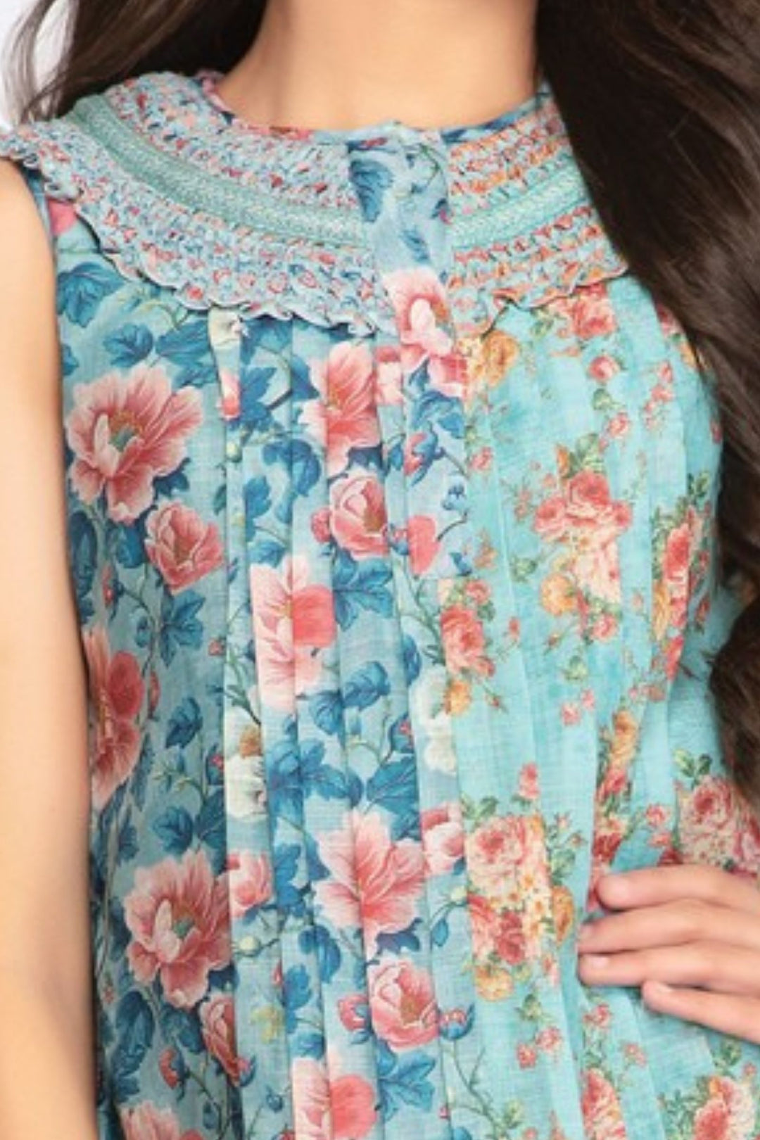 Girls Floral Print Casual Frock with Smocked Yoke