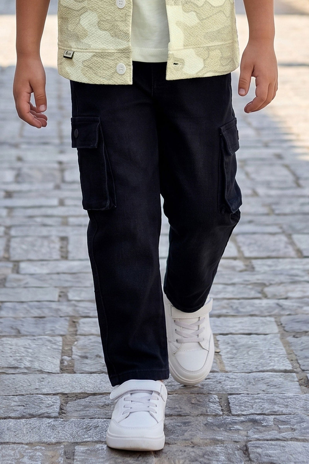 Cream Blazer, Printed T-Shirt and Black Pant Set for Boys