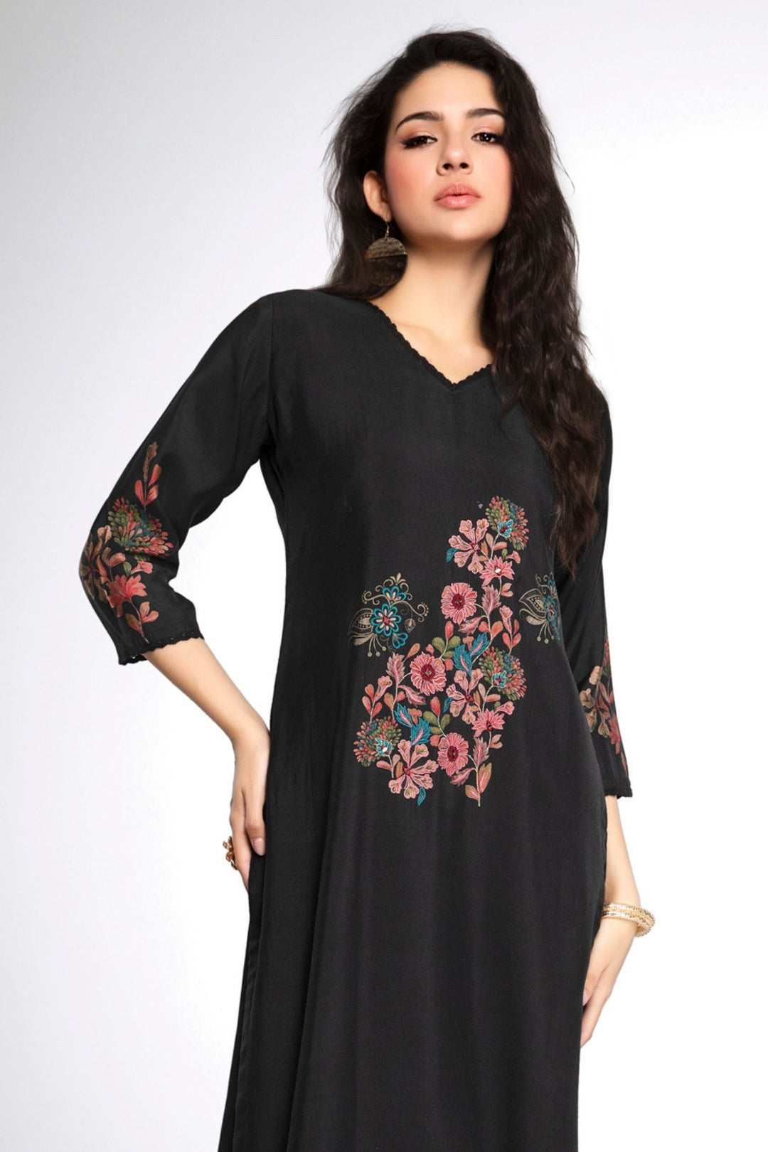 Black Embroidery and Mirror work Calf Length Kurti