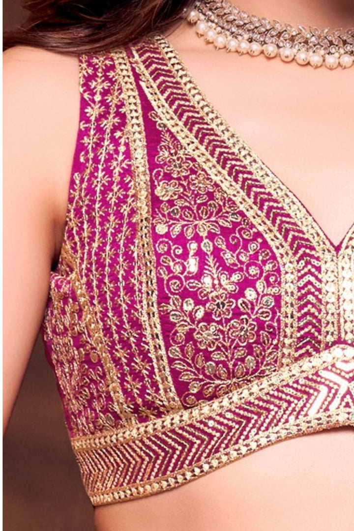 Dark Pink Sequins and Zari work Crop Top Lehenga
