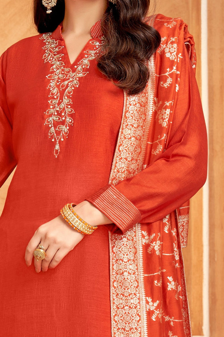 Orange Zardozi, Beads and Stone work Straight Cut Salwar Suit