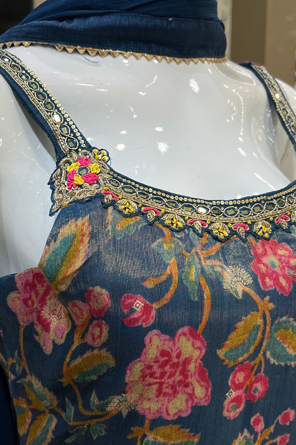 Navy Blue Mirror, Sequins, Beads and Banaras work with Floral Print Sharara Suit Set