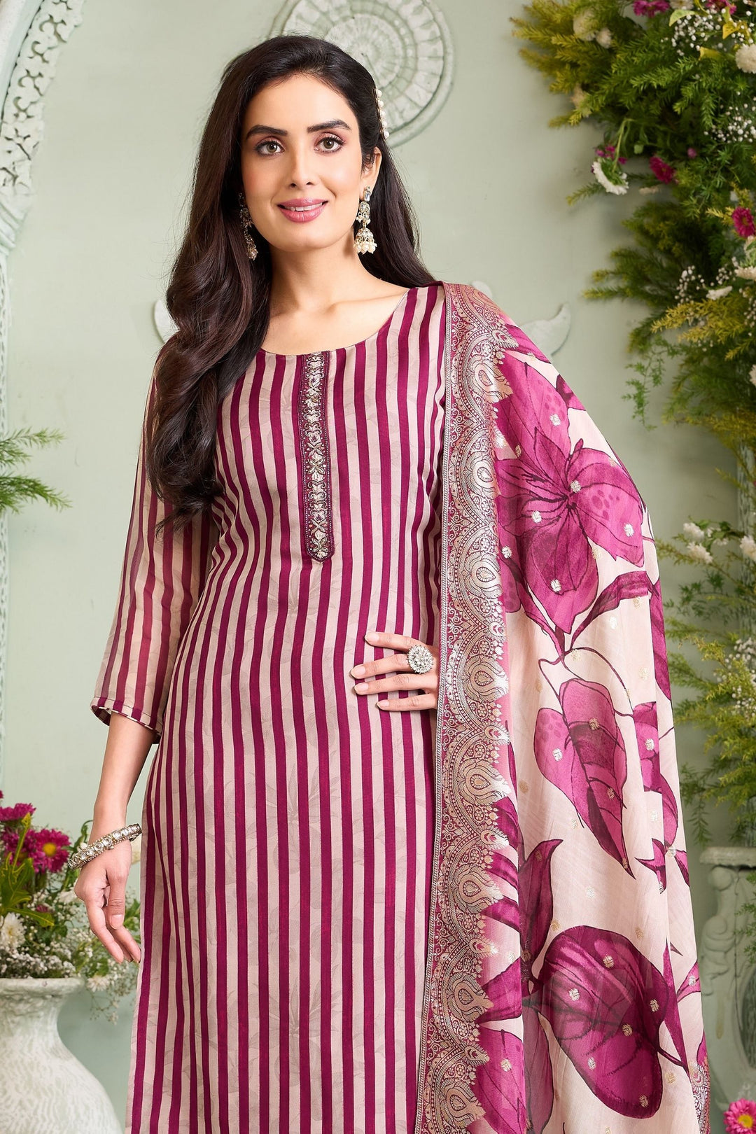 Beige with Wine Striped Zardozi, Stone, Beads and Thread work Straight Cut Salwar Suit
