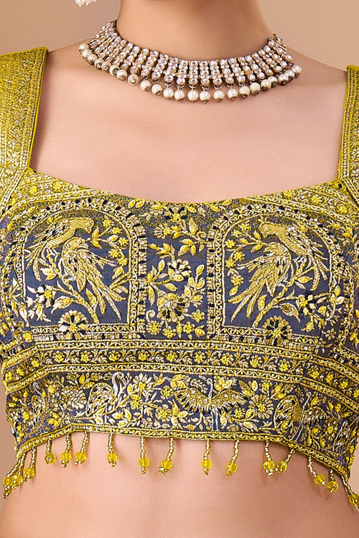 Lemon Yellow with Grey Mirror, Beads, Sequins and Banaras work Lehenga