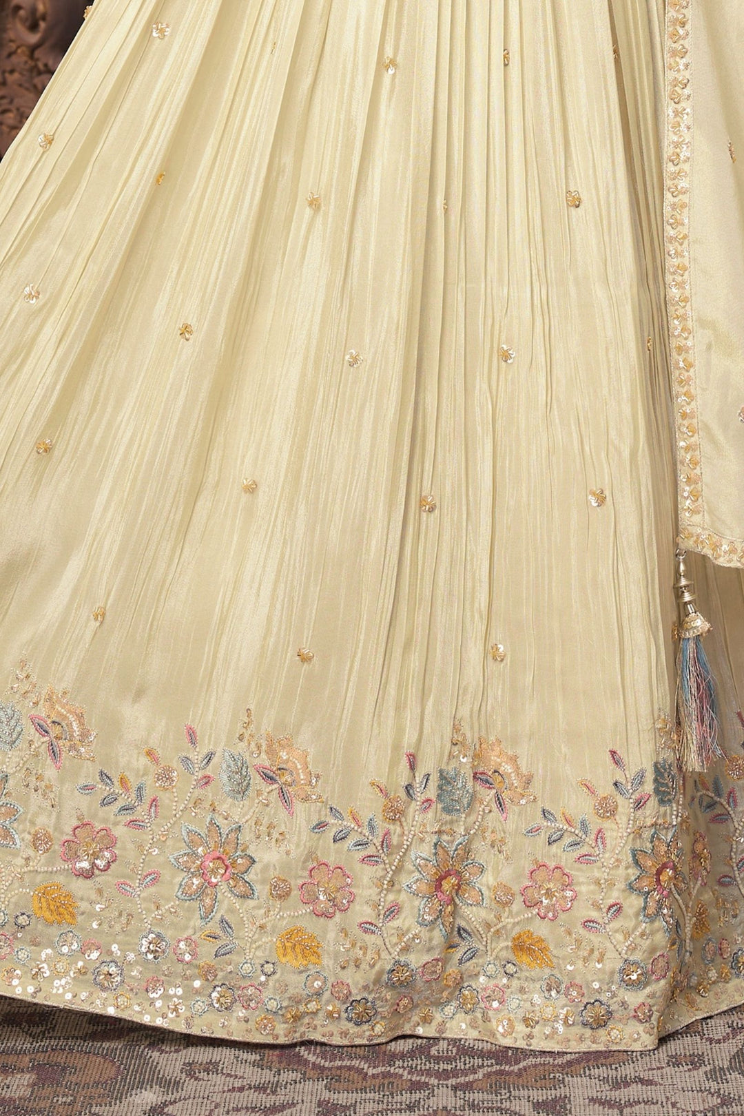 Cream Beads, Sequins and Multicolor Thread work Crop Top Lehenga