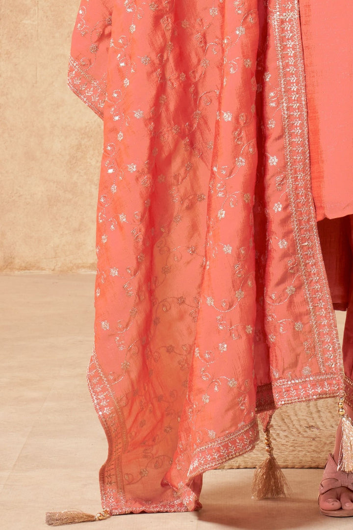 Peach Sequins, Beads, Mirror and Zari work A-line Cut Anarkali Styled Salwar Suit
