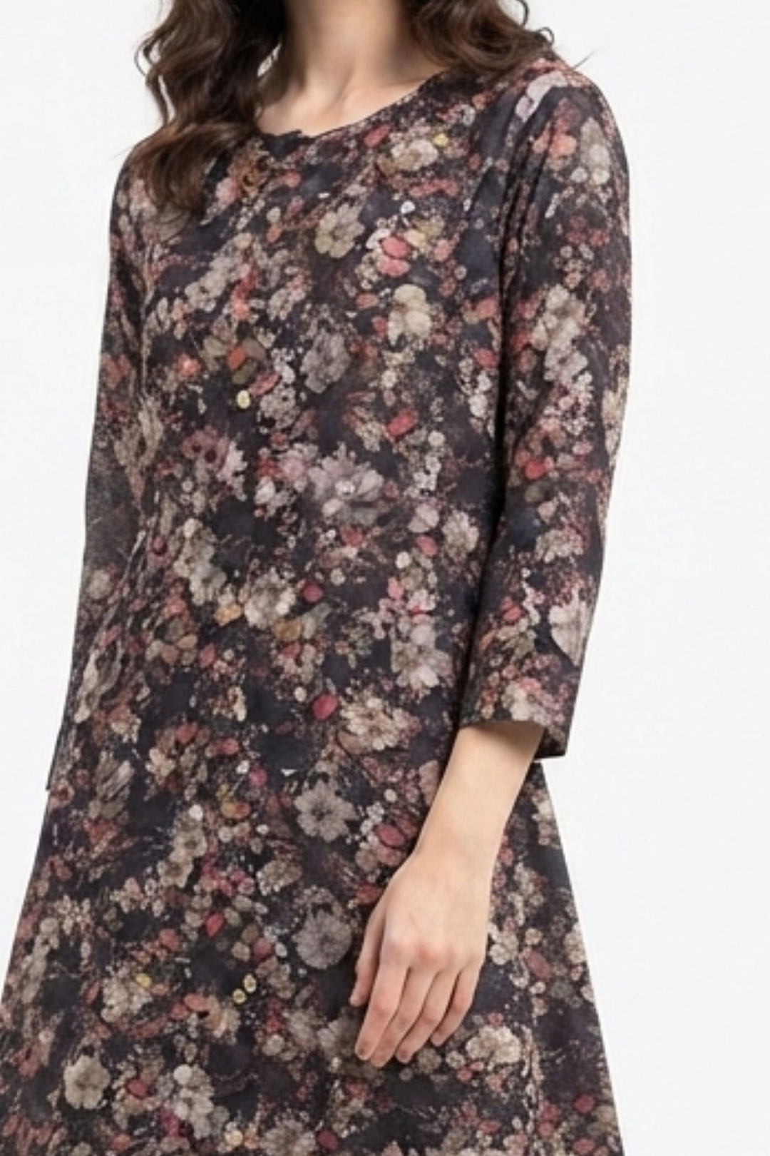 Black Floral Print A-Line Cut Calf Length Kurti