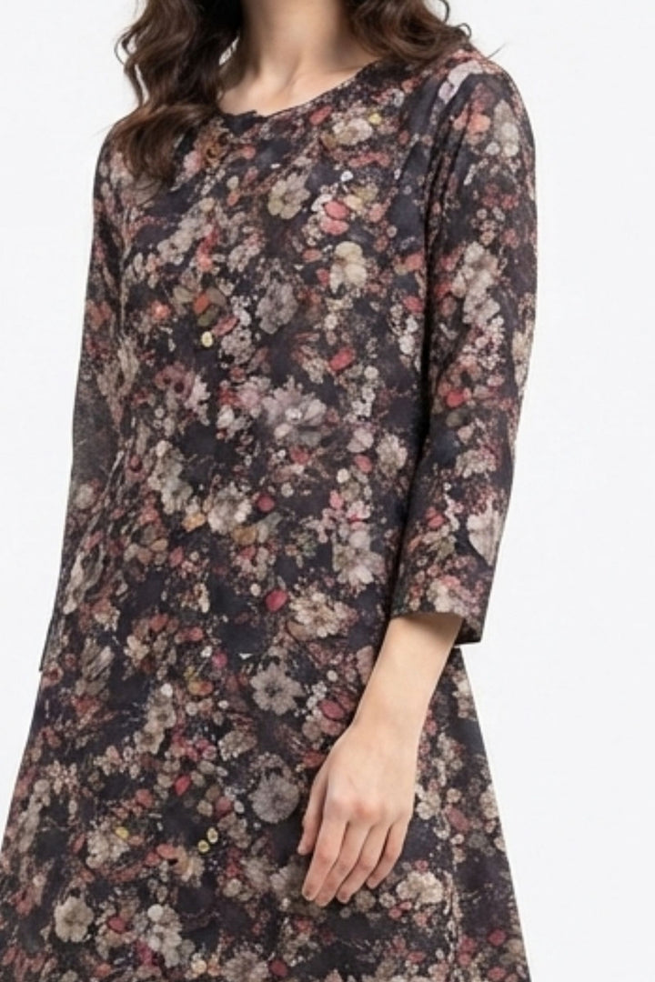 Black Floral Print A-Line Cut Calf Length Kurti