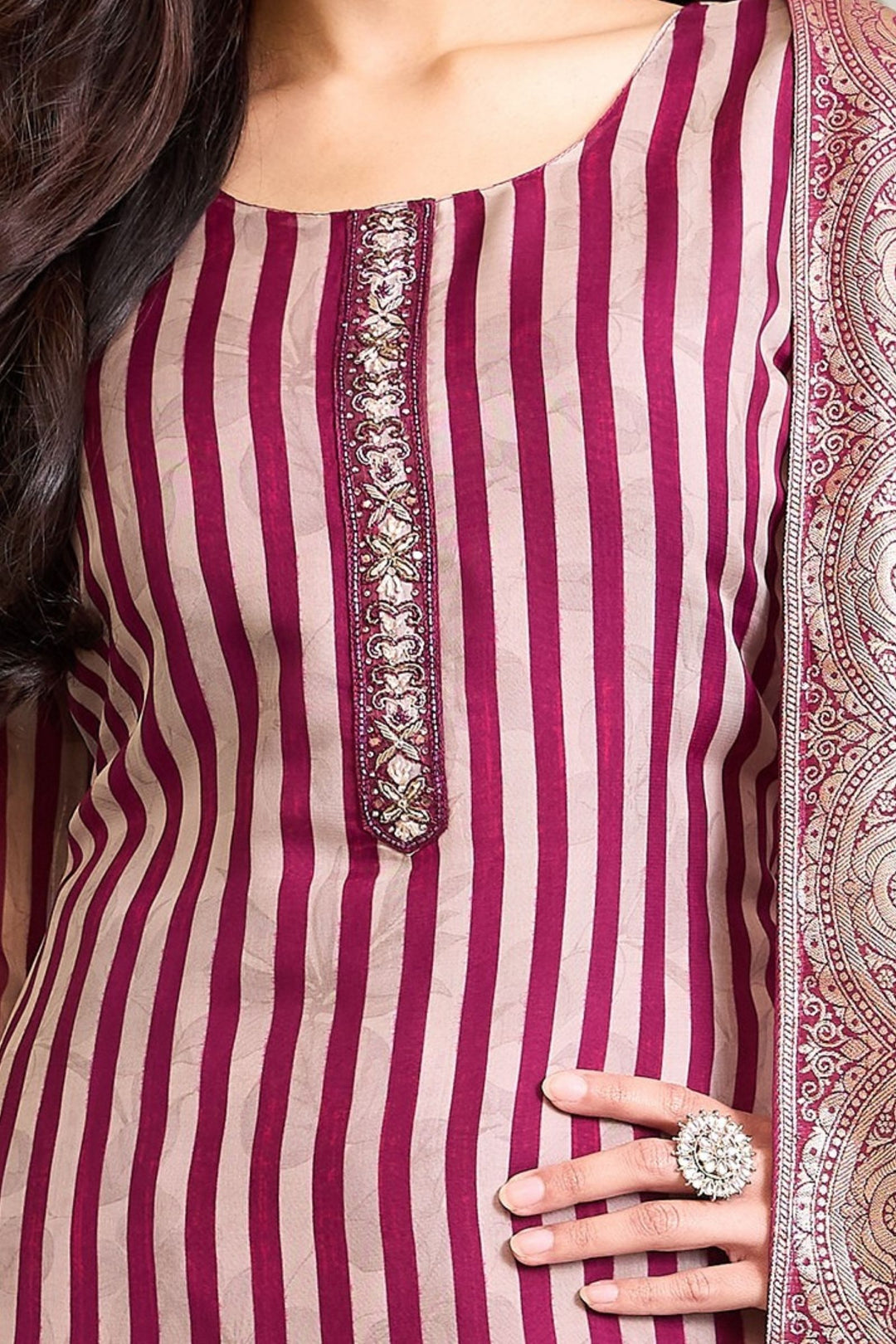 Beige with Wine Striped Zardozi, Stone, Beads and Thread work Straight Cut Salwar Suit