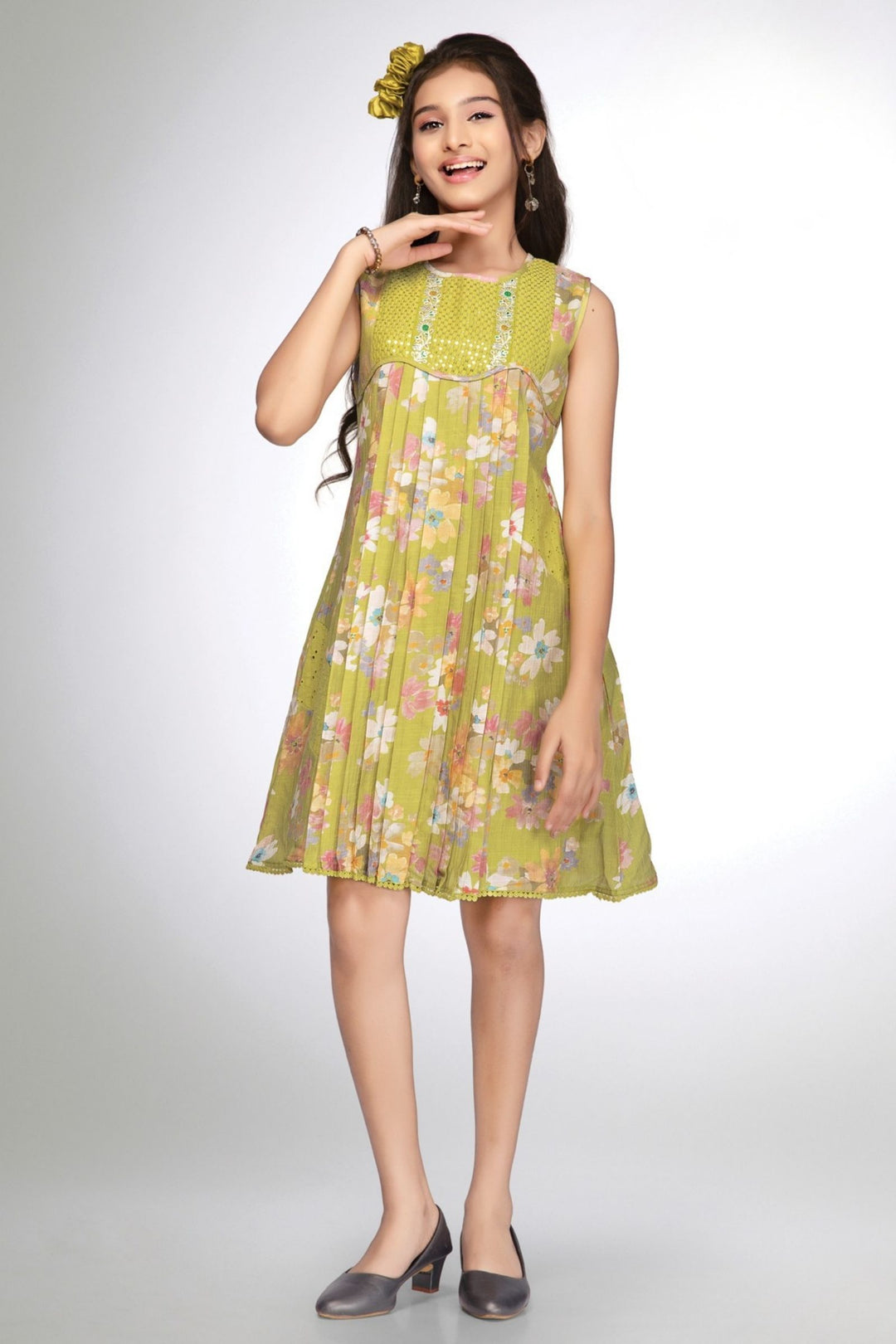 Girls Pleated Floral Casual Frock with Sequin Yoke