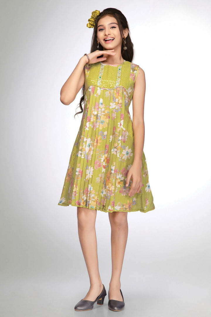 Girls Pleated Floral Casual Frock with Sequin Yoke