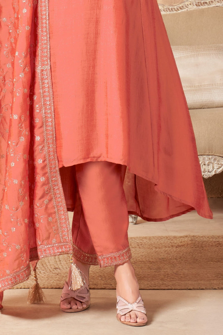 Peach Sequins, Beads, Mirror and Zari work A-line Cut Anarkali Styled Salwar Suit