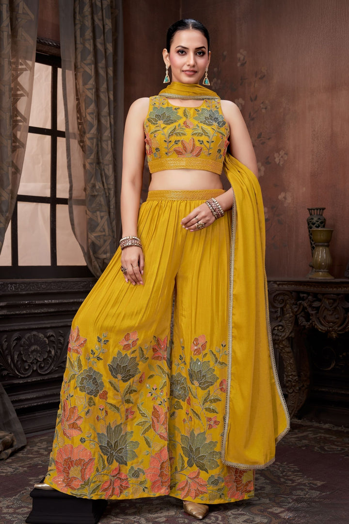 Yellow Multicolor Thread, Beads and Zari work Palazzo Suit Set