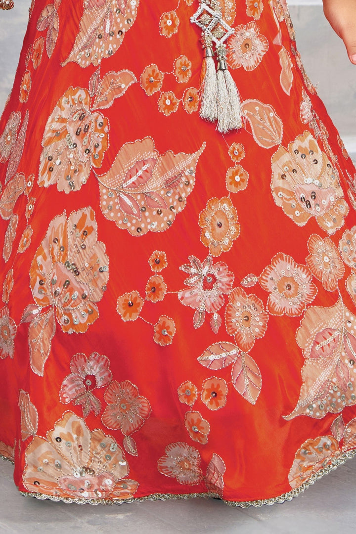 Orange Sequins, Zari and Beads work with Floral Print Lehenga Choli for Girls