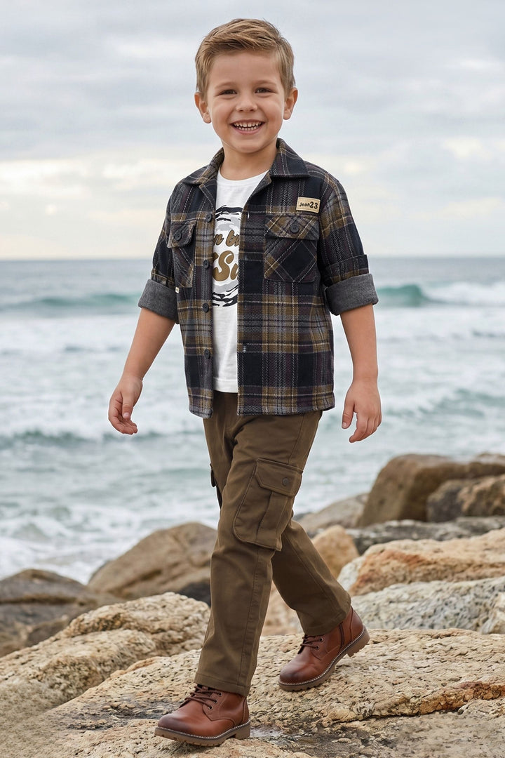 Blue Blazer, Printed T-Shirt and Brown Pant Set for Boys