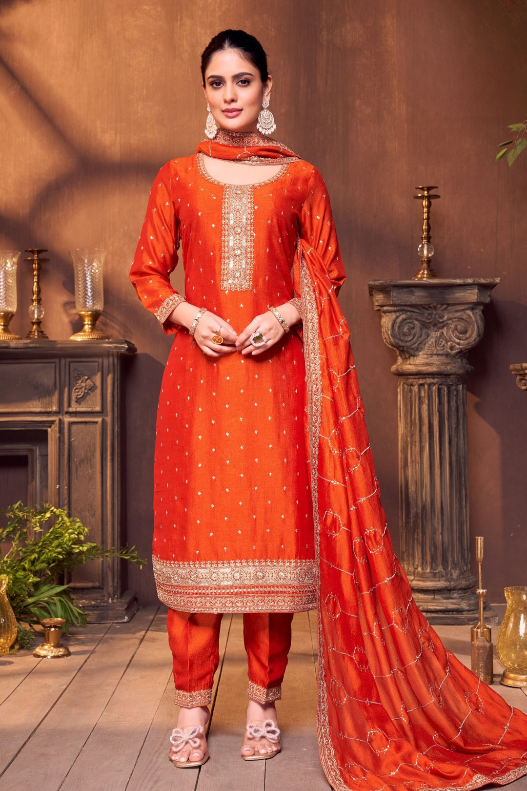 Orange Sequins, Zari and Beads work Straight Cut Salwar Suit