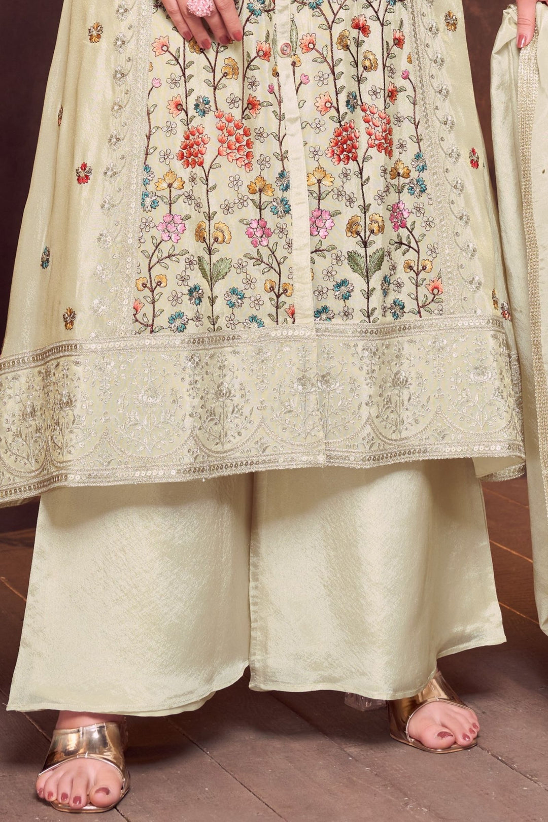 Beige Multicolor Embroidery, Sequins and Zari work Palazzo Salwar Suit