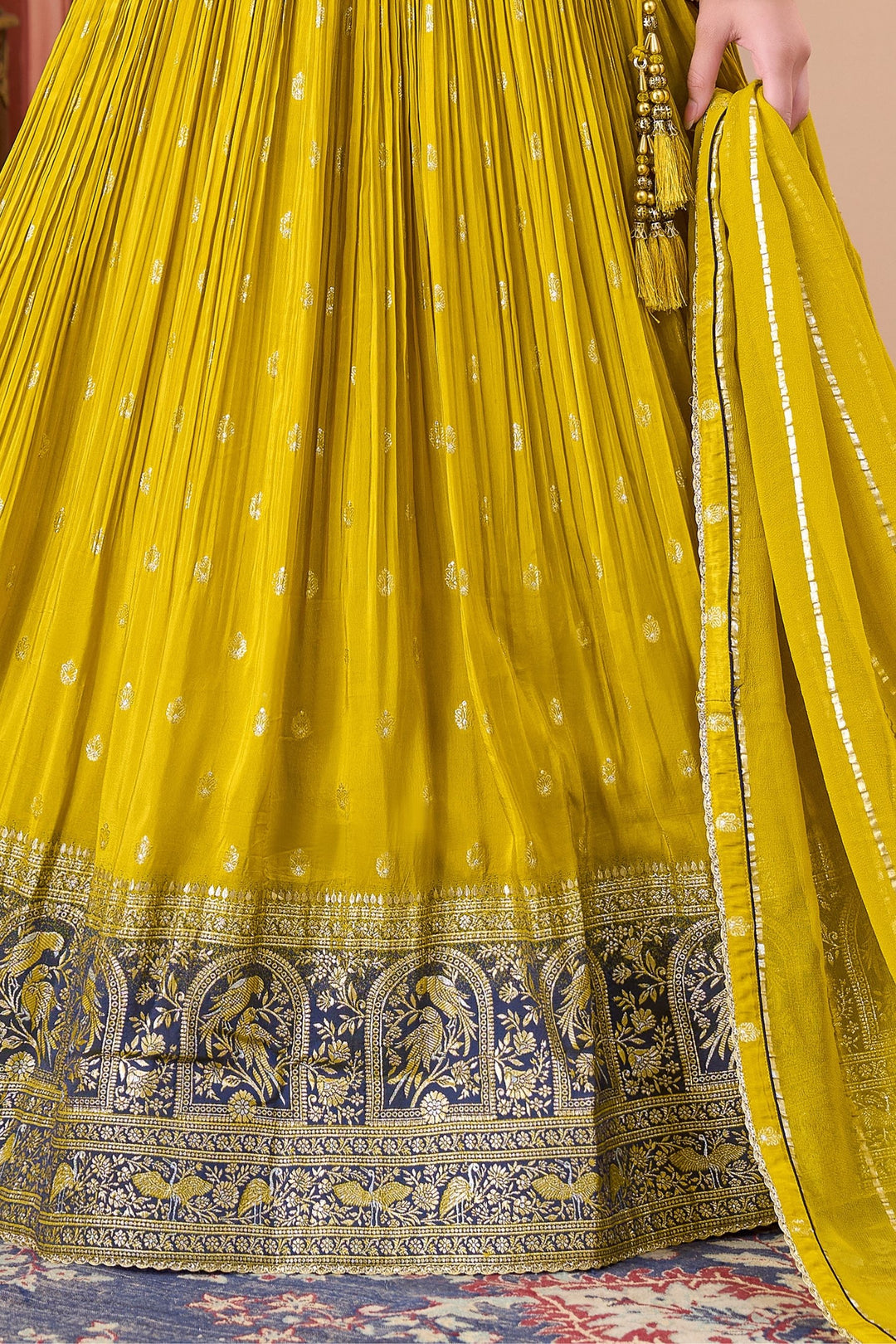 Lemon Yellow with Grey Mirror, Beads, Sequins and Banaras work Lehenga