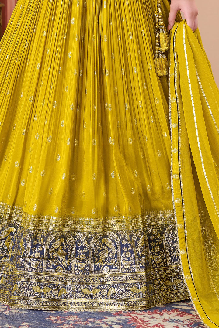 Lemon Yellow with Grey Mirror, Beads, Sequins and Banaras work Lehenga
