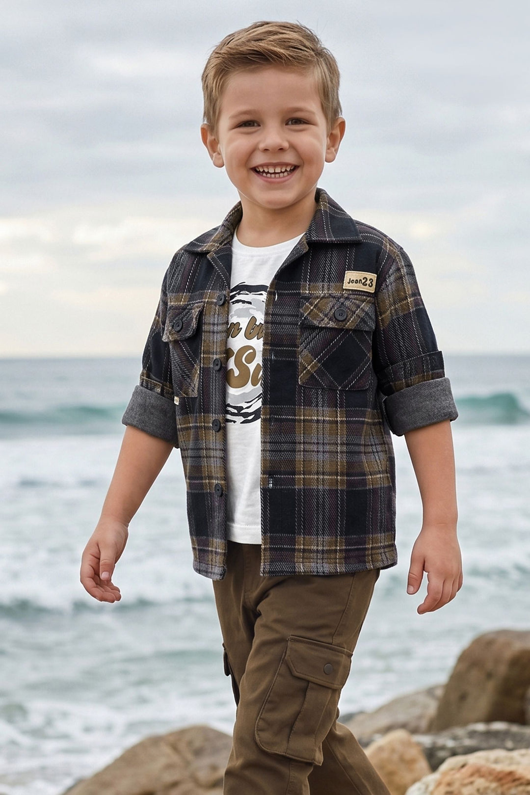 Blue Blazer, Printed T-Shirt and Brown Pant Set for Boys