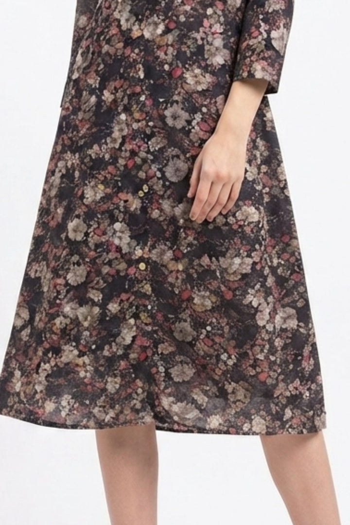 Black Floral Print A-Line Cut Calf Length Kurti