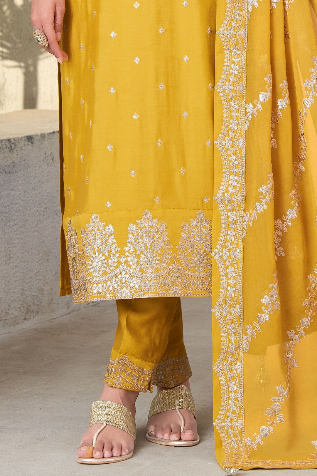 Yellow Sequins and Zari work Straight Cut Salwar Suit