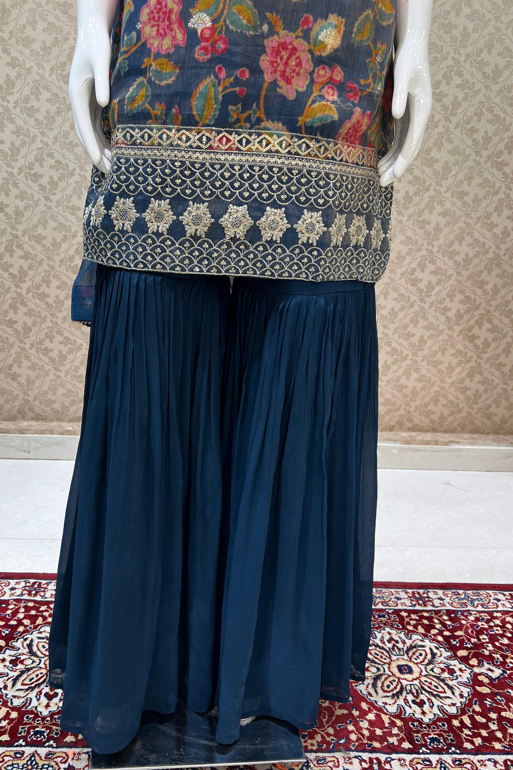 Navy Blue Mirror, Sequins, Beads and Banaras work with Floral Print Sharara Suit Set