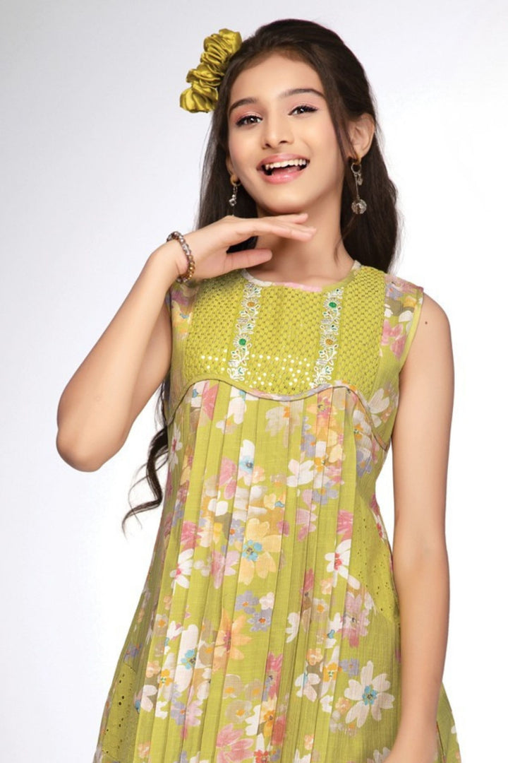 Girls Pleated Floral Casual Frock with Sequin Yoke