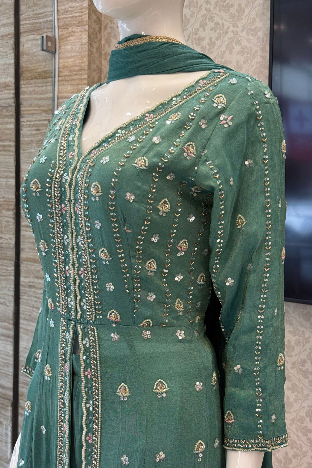 Sea Green Beads, Sequins and Thread work Long Top with Straight Pant