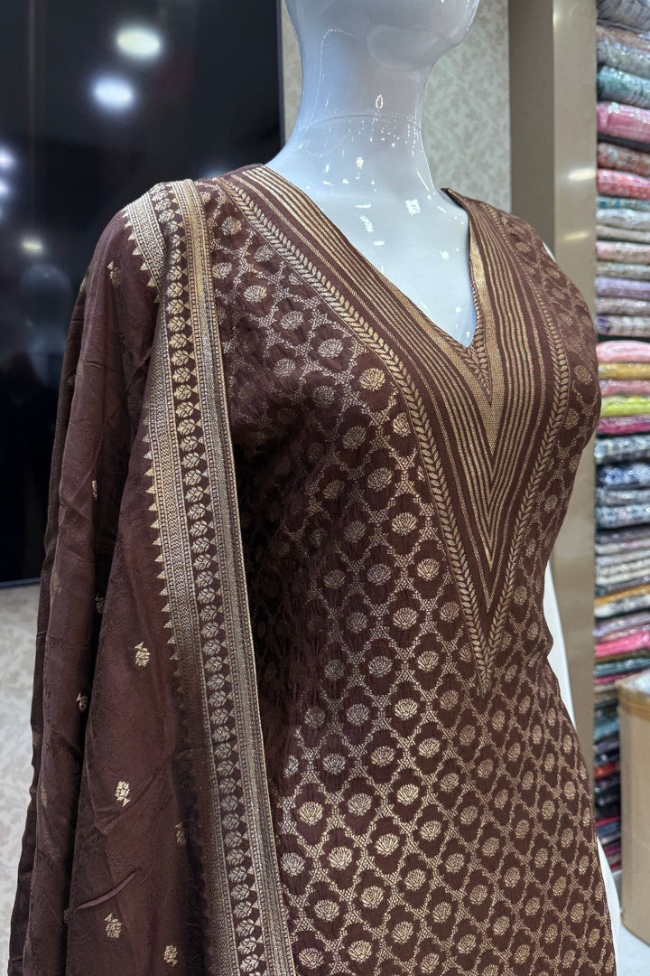 Brown Banaras work V-Neck Straight Cut Salwar Suit