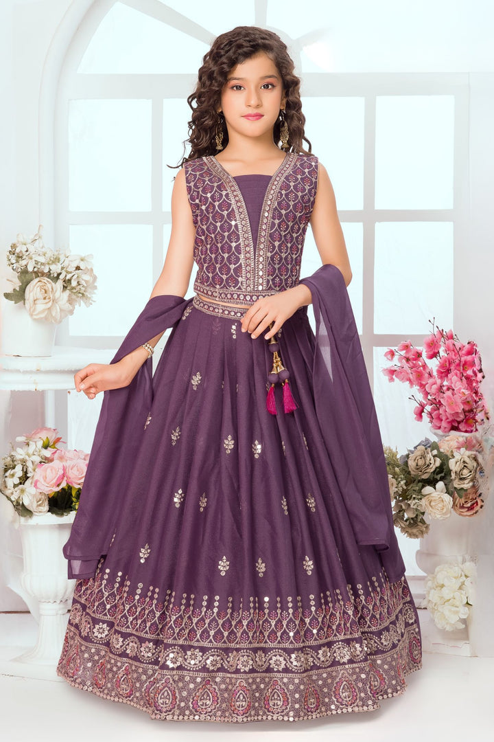 Purple Zari, Sequins and Multicolor Thread work Lehenga Choli for Girls