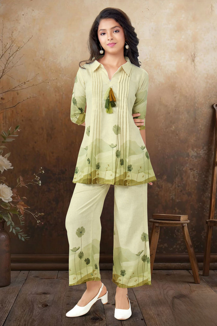 Cream with Green Digital Print Co-ord Set for Girls