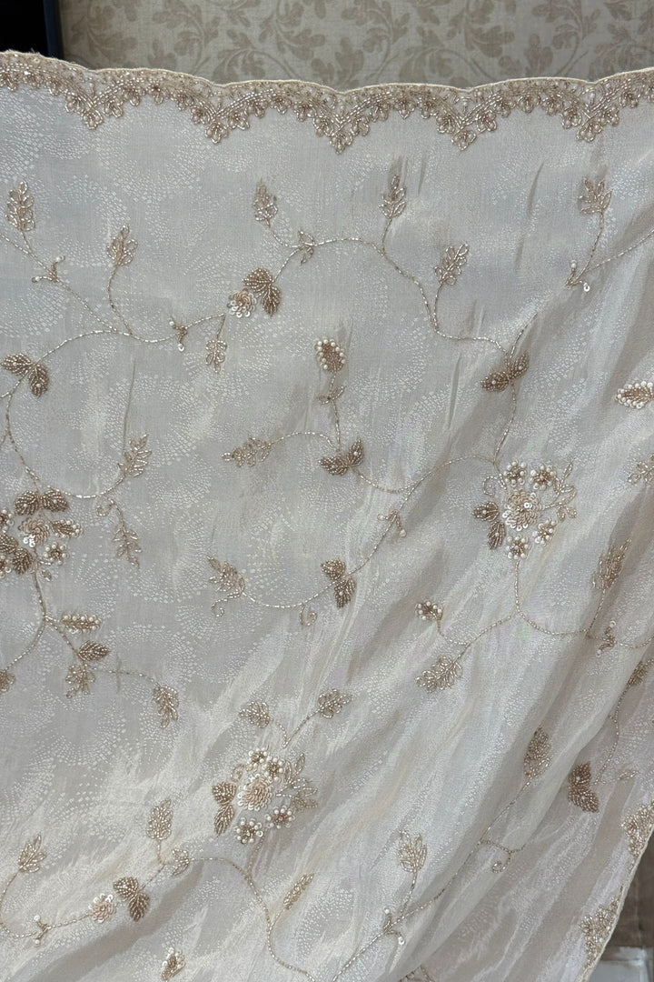 Beige Party Wear Saree with Sequins, Beads Border and Floral Motif Embroidery