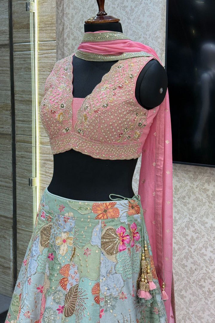 Pink with Light Green Floral Print, Beads, Zari and Sequins work Crop Top Lehenga
