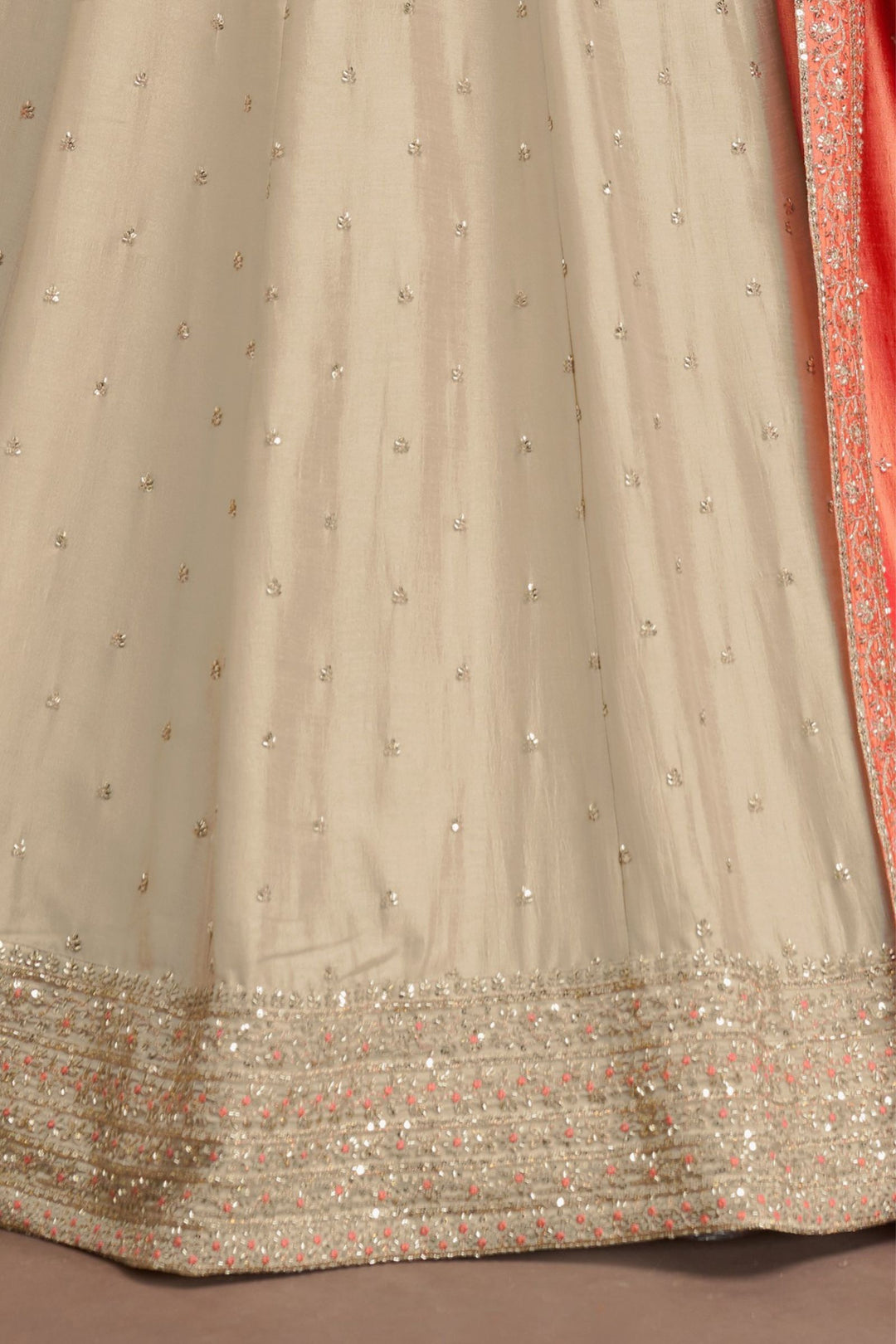 Beige Beads, Thread and Sequins work Lehenga