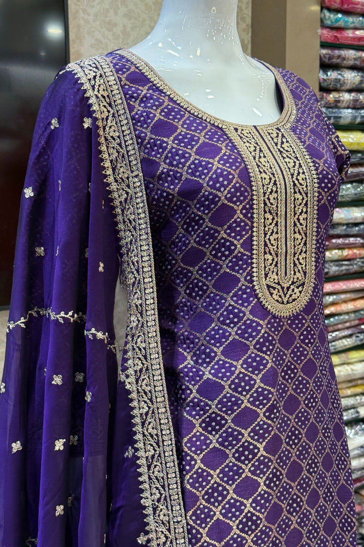 Purple Banaras, Sequins and Zari work with Bandini Print Straight Cut Salwar Suit